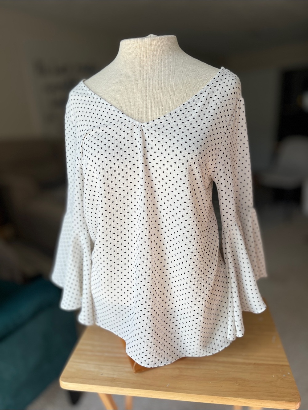 NWT Green Envelope Small White & Black Polka Dot Bell Sleeve Blouse Tie back